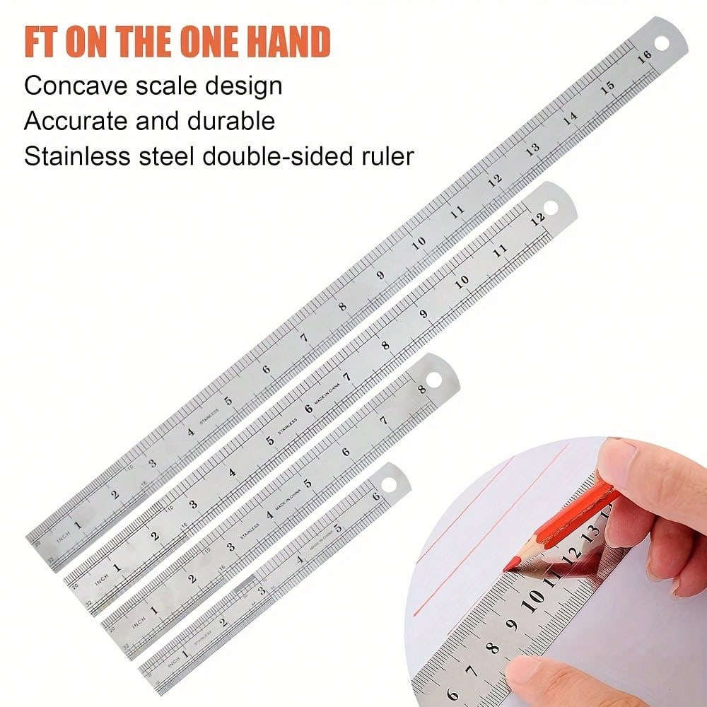 Metal Ruler Set, 4 Sizes Stainless Steel Rulers 15cm(6in) 20cm(8in) 30cm(12in) 40cm(16in) Dual Scale Metric & Imperial, Measuring Tool Metal Steel Ruler, Suitable For Teaching, Office, Drawing, Engine