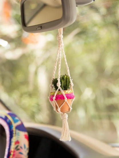 Mini Macrame Faux Succulent Car Charm