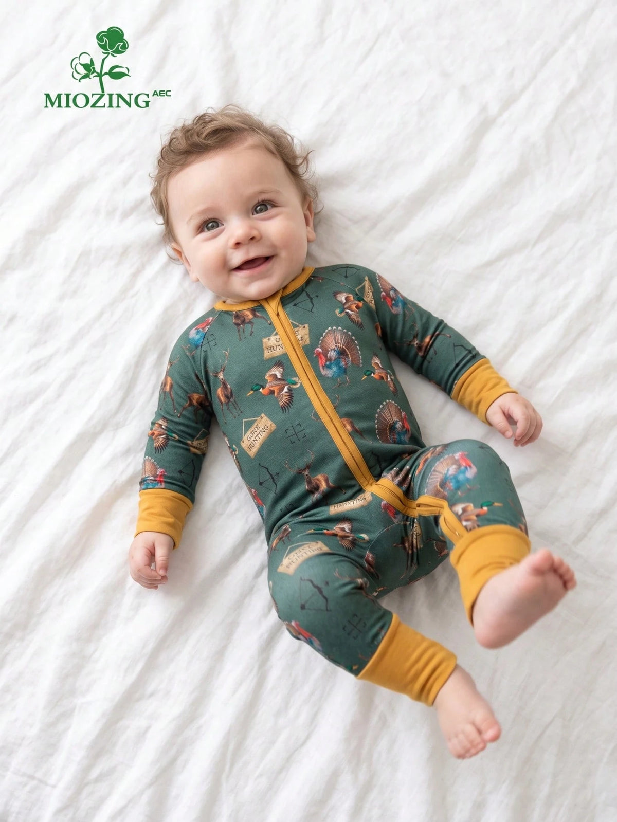 MIOZING Two-Way Zip Long Sleeve Baby Romper, Thanksgiving Peacock Antelope Hunting Animal Print Jumpsuit, Soft Bamboo Fabric, Daily Baby Boy Clothes