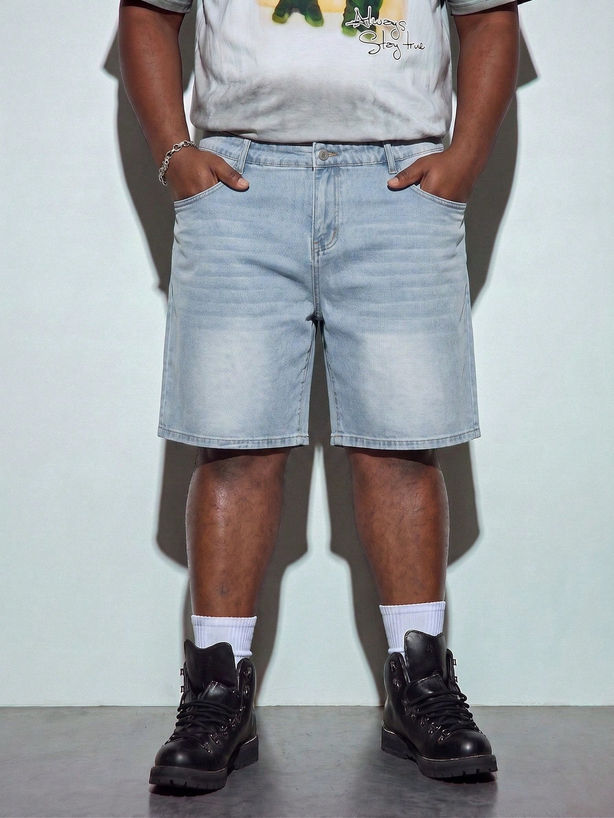 Modcrash Men's Light Wash Solid Loose Fit Plus Size Denim Shorts, Basic, Drawstring, Pocket, Summer, Lightweight, Breathable, Cool, Casual, Comfortable Gift For Father/ Husband