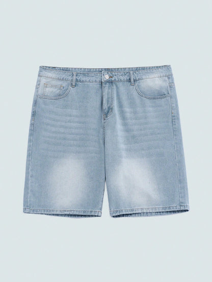Modcrash Men's Light Wash Solid Loose Fit Plus Size Denim Shorts, Basic, Drawstring, Pocket, Summer, Lightweight, Breathable, Cool, Casual, Comfortable Gift For Father/ Husband