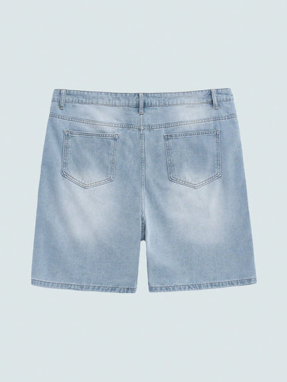 Modcrash Men's Light Wash Solid Loose Fit Plus Size Denim Shorts, Basic, Drawstring, Pocket, Summer, Lightweight, Breathable, Cool, Casual, Comfortable Gift For Father/ Husband