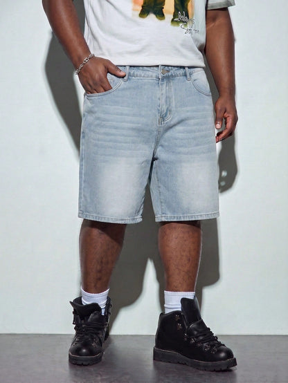 Modcrash Men's Light Wash Solid Loose Fit Plus Size Denim Shorts, Basic, Drawstring, Pocket, Summer, Lightweight, Breathable, Cool, Casual, Comfortable Gift For Father/ Husband
