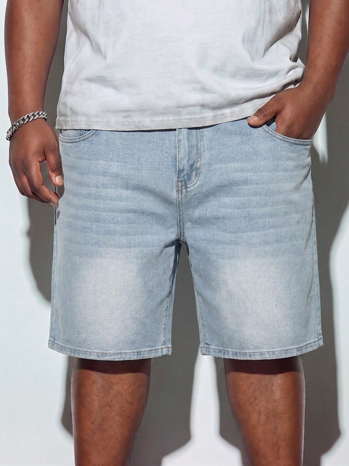 Modcrash Men's Light Wash Solid Loose Fit Plus Size Denim Shorts, Basic, Drawstring, Pocket, Summer, Lightweight, Breathable, Cool, Casual, Comfortable Gift For Father/ Husband