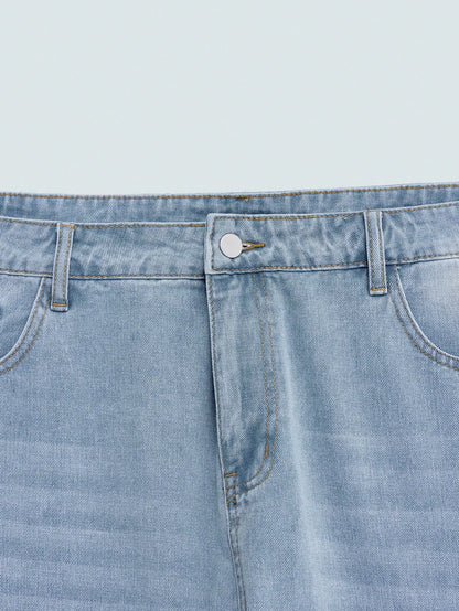 Modcrash Men's Light Wash Solid Loose Fit Plus Size Denim Shorts, Basic, Drawstring, Pocket, Summer, Lightweight, Breathable, Cool, Casual, Comfortable Gift For Father/ Husband