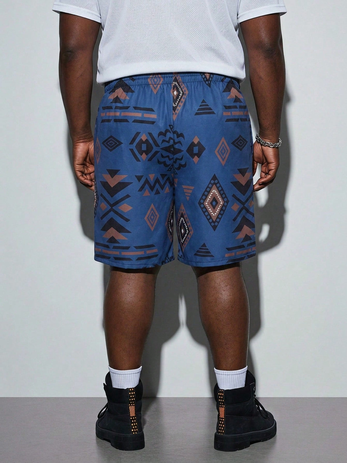 Modcrash Plus Size Men's Casual Geometric Digital Print Beach Shorts, Suitable For Beach Vacation, Daily Wear And School
