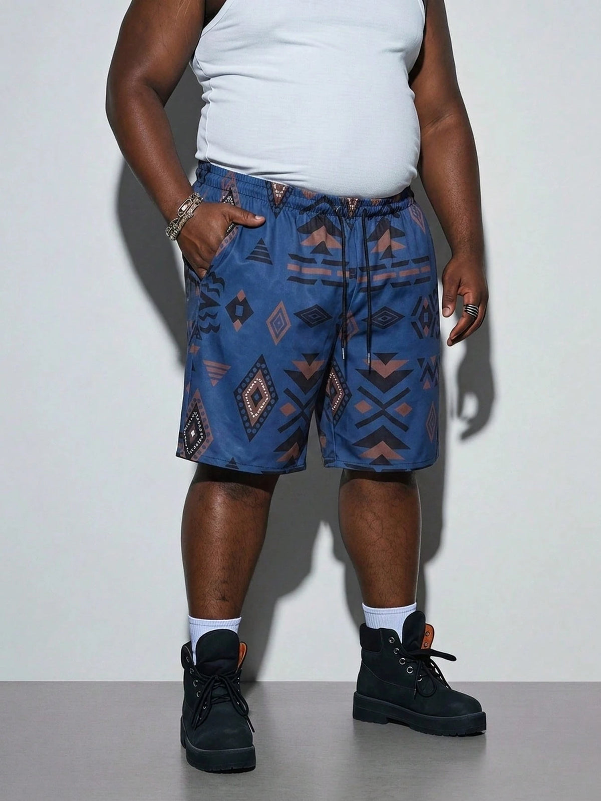 Modcrash Plus Size Men's Casual Geometric Digital Print Beach Shorts, Suitable For Beach Vacation, Daily Wear And School
