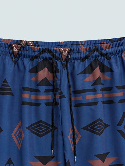 Modcrash Plus Size Men's Casual Geometric Digital Print Beach Shorts, Suitable For Beach Vacation, Daily Wear And School