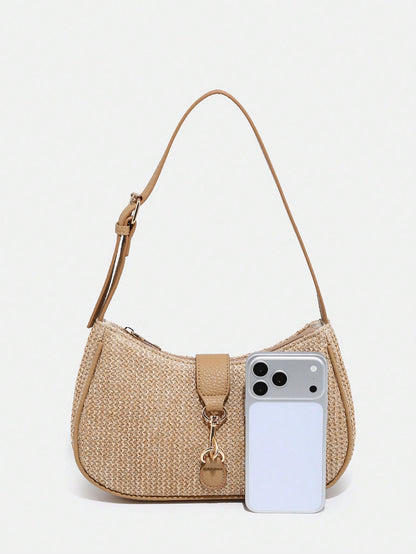 Novachic, 1pc Vintage Minimalist Crescent Moon Shaped Bag With Adjustable Strap, Suitable For Dates, Outings, Parties,Beach Bag,Straw Bag