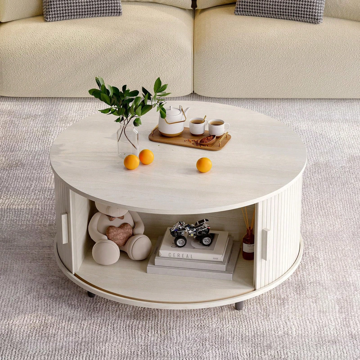 ONBRILL White Round Coffee Table With Storage, 31.5" Coffee Table With 360° Sliding Tambour Door, Fluted Wood Accent Coffee Table With Adjustable Footpads, Mid Century Modern Round Center Table For Li