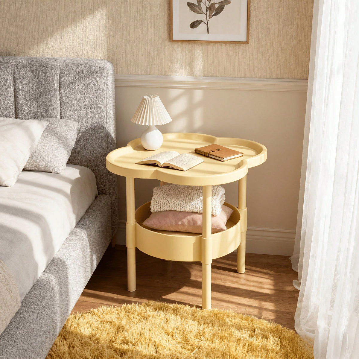 PDZZZD Petal Shaped Double-Layer Edge Table, Creative Flower Shaped Small Round Table, With Storage Layer Board, Lightweight And Durable Plastic Coffee Table