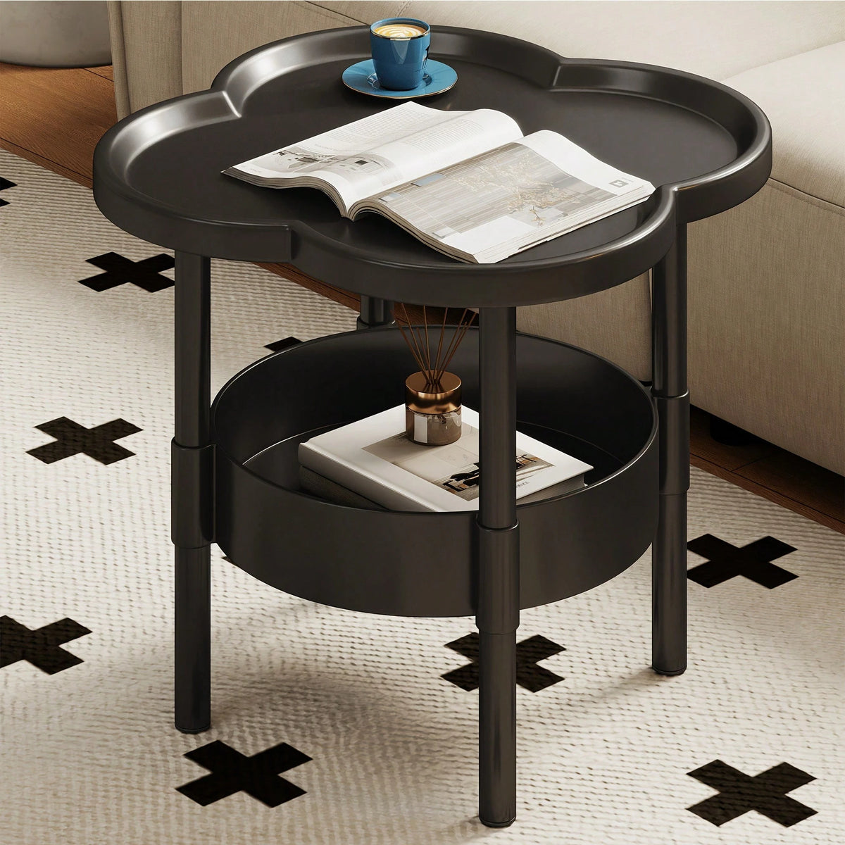PDZZZD Petal Shaped Double-Layer Edge Table, Creative Flower Shaped Small Round Table, With Storage Layer Board, Lightweight And Durable Plastic Coffee Table