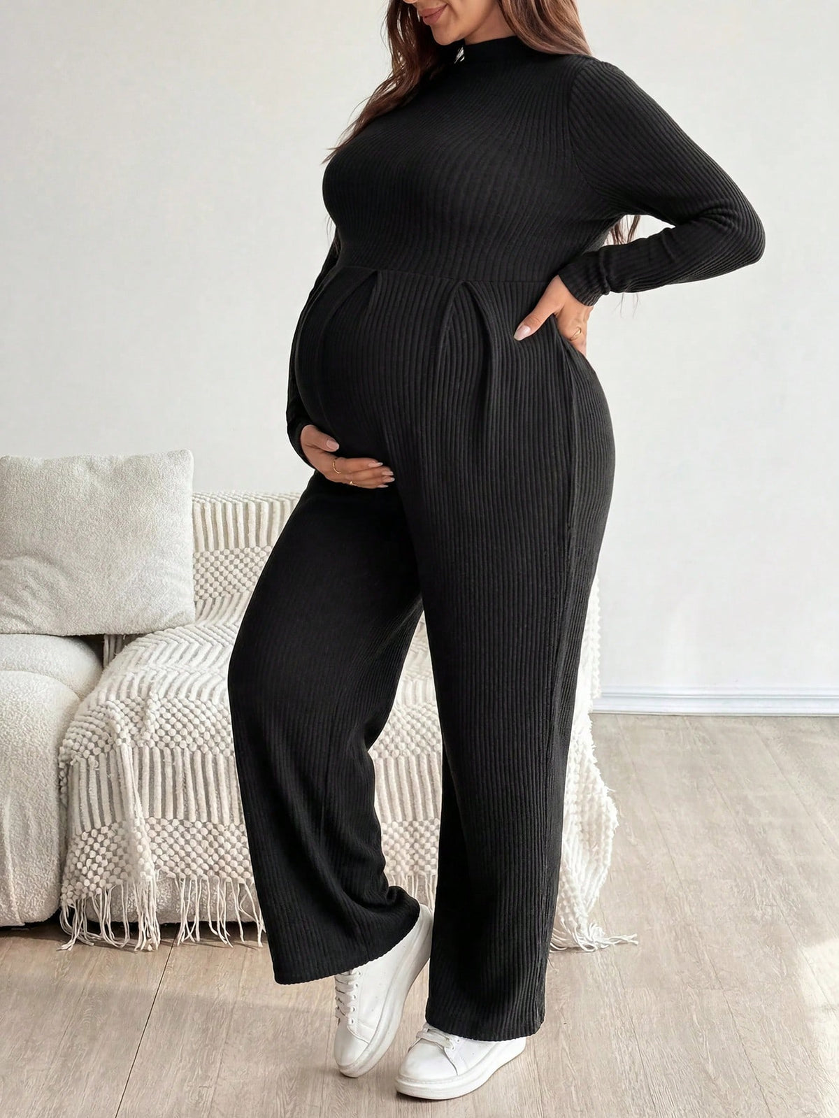 Plussiva Plus Size Solid Color Long Sleeve Maternity Jumpsuit Fall