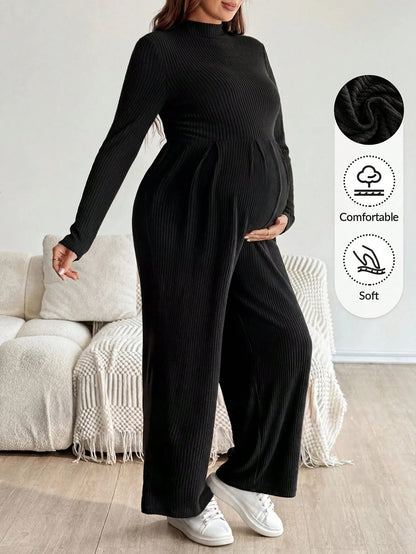 Plussiva Plus Size Solid Color Long Sleeve Maternity Jumpsuit Fall