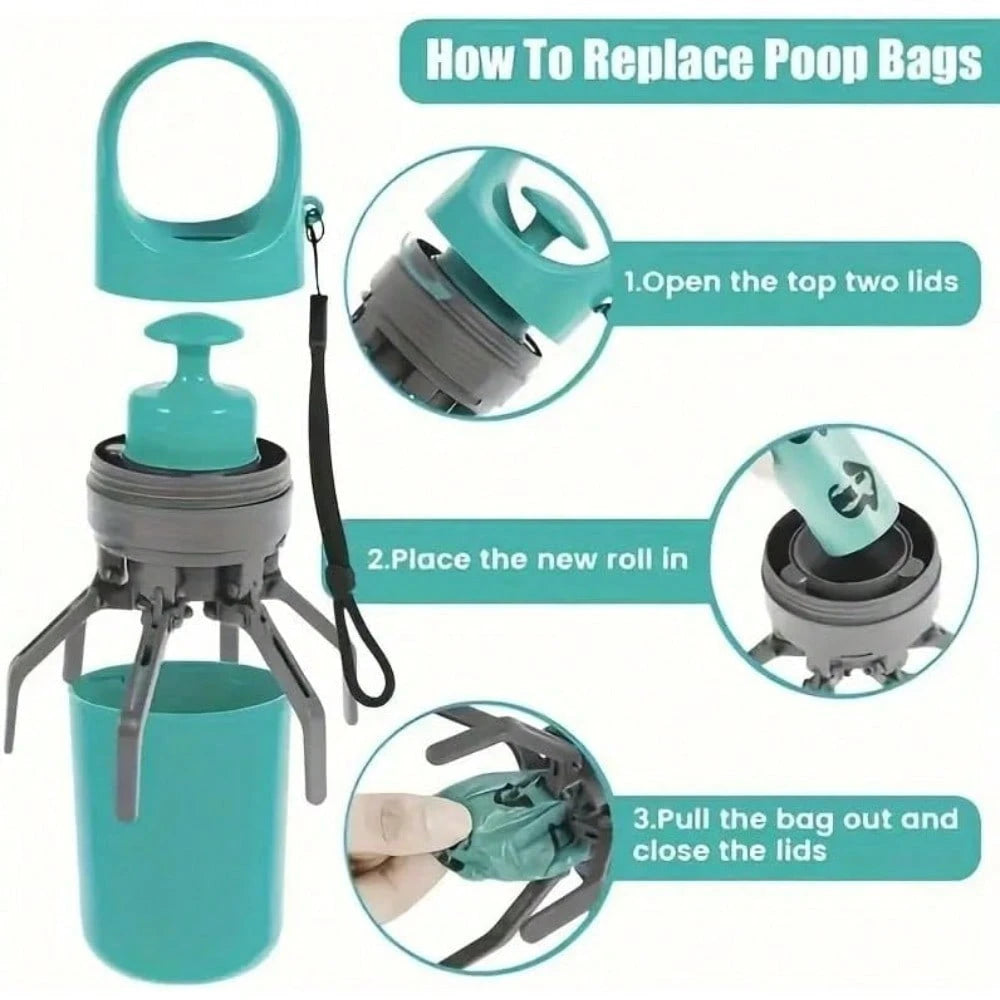 Pooper Scooper For Small Dogs, Portable No‑Touch Waste Picker With Built‑In Bag Dispenser 1 Roll 15PCS Bags, One‑Handed Claw Grabber, Leak‑Resistant Storage For Small & Medium Dogs, Cats & Small Pets