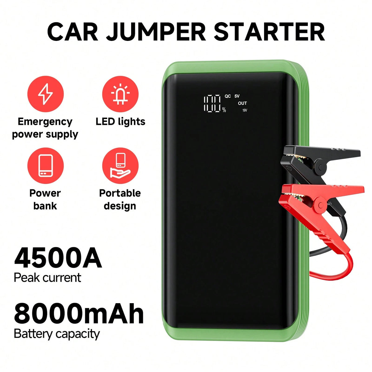 Portable 4500A Car Battery Jump Starter 12V, Fast Emergency Start For Dead Flat Battery, USB Charger & LED Flashlight, Compact Roadside Rescue Kit, Ideal Gift For Husband Dad Son, Winter-Ready Gear