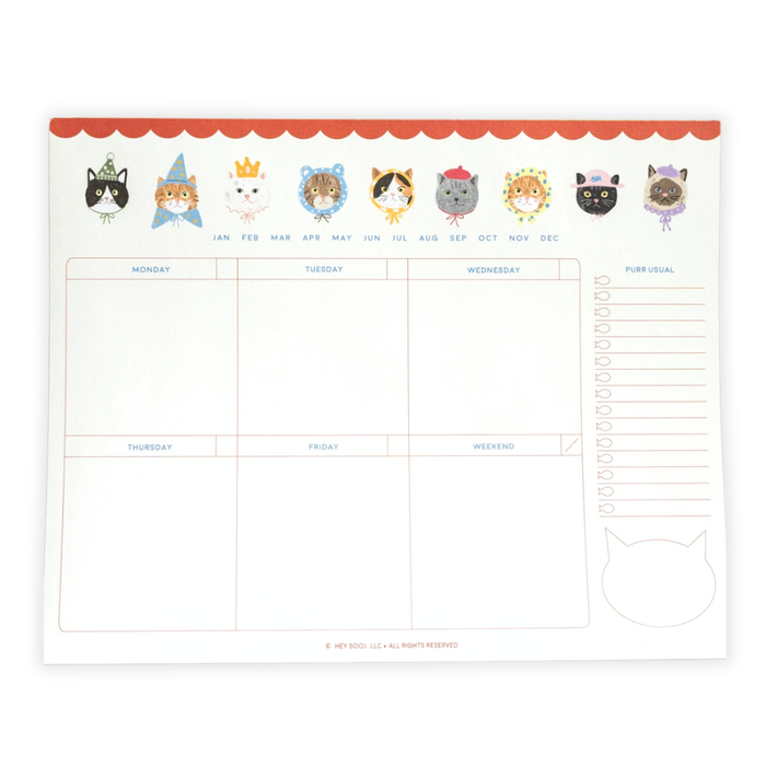 Hey ✿ Sooj Purr Usual Cat Weekly Planner Notepad with cute cat illustrations and weekly calendar layout.
