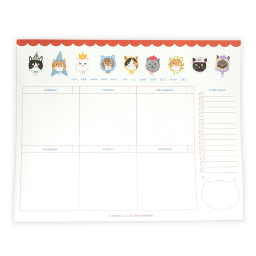 Hey ✿ Sooj Purr Usual Cat Weekly Planner Notepad with cute cat illustrations and weekly calendar layout.