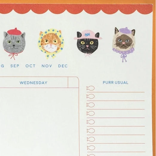 Hey ✿ Sooj Purr Usual Cat Weekly Planner Notepad with colorful cat illustrations and weekly calendar layout for organization.