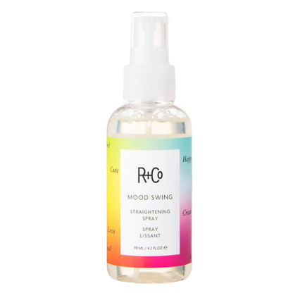 R+Co MOOD SWING spray, straightening spray for curly hair, heat-activated hair smoother, humidity-resistant styling spray, anti-frizz blowout spray, flat iron prep spray, blow dry straightener, wavy hair smoothing spray, sleek finish hair spray, fast styling hair product