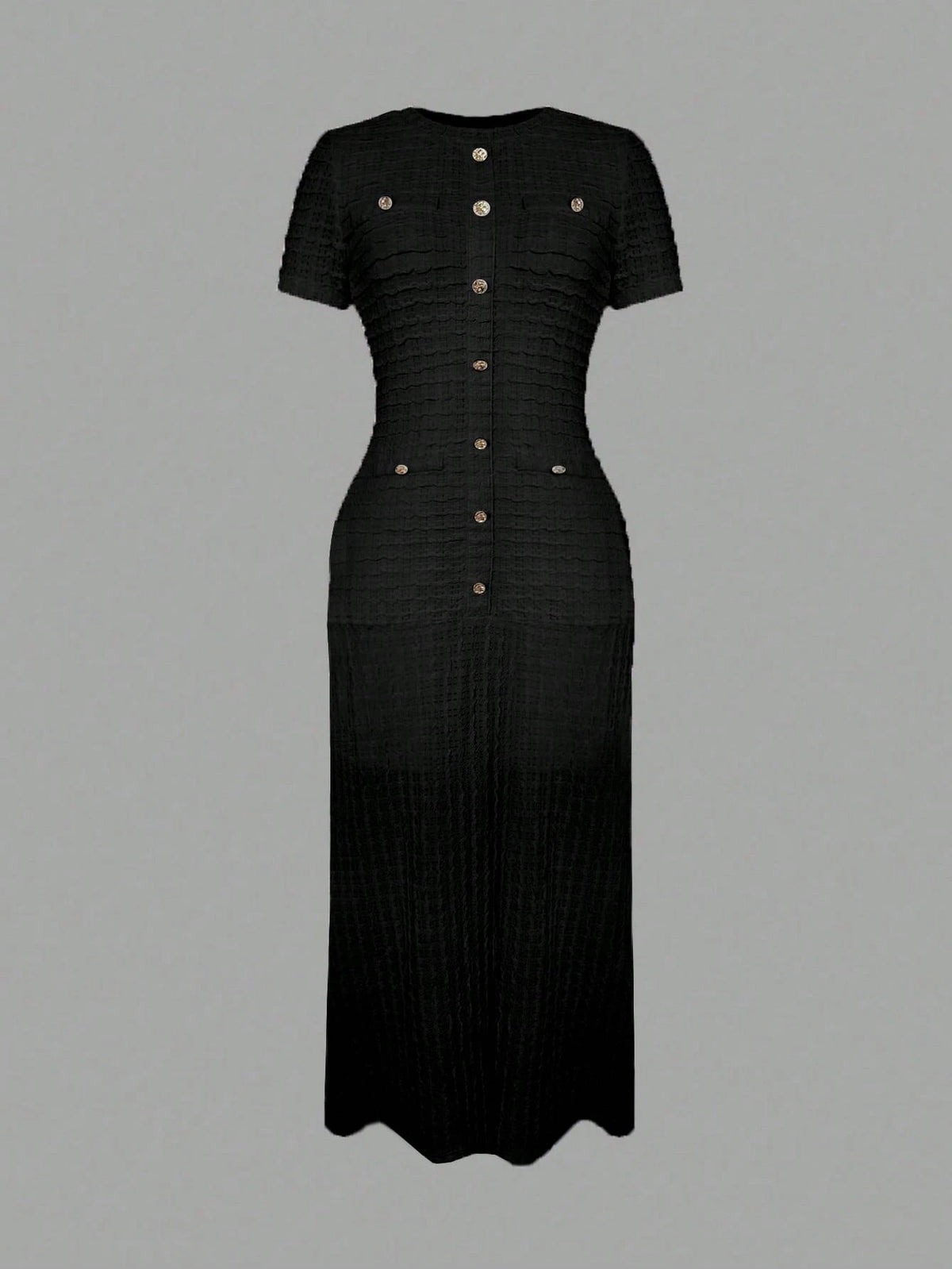 Solid Color Elegant Front Button Ruffle Hem Zipper Formal Evening Dress, Machine Washable Polyester Blend Black Summer