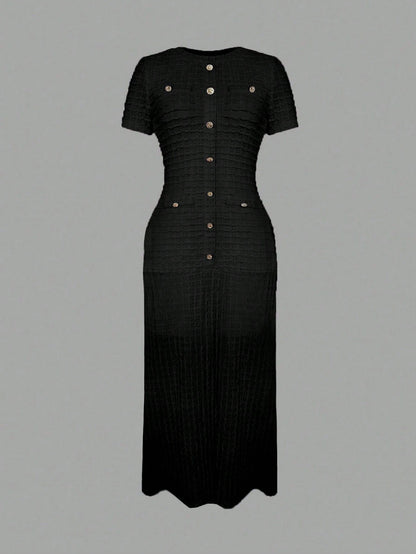 Solid Color Elegant Front Button Ruffle Hem Zipper Formal Evening Dress, Machine Washable Polyester Blend Black Summer