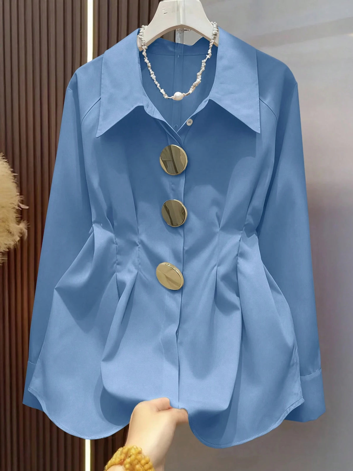 Spring/Summer Light Blue Metal Button Raglan Long Sleeve Shirt, Vintage Bohemian Style For Wedding, Party And Commute