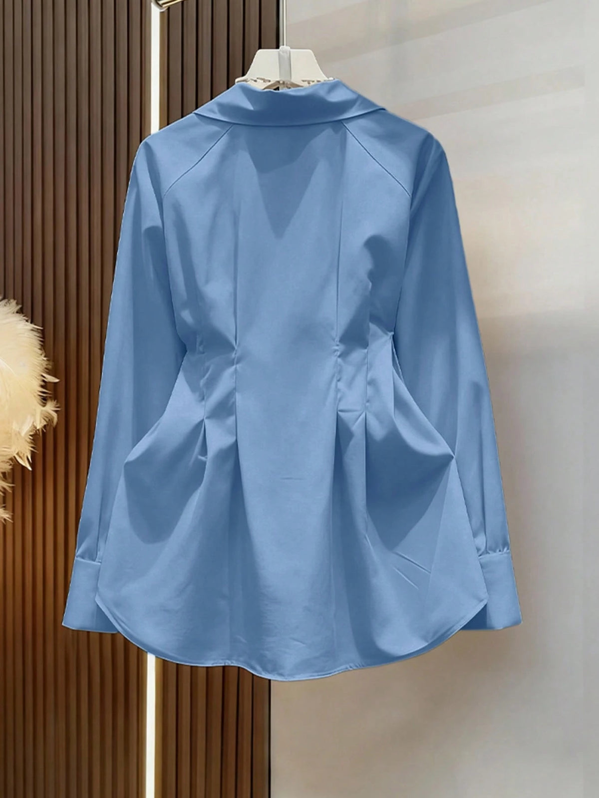 Spring/Summer Light Blue Metal Button Raglan Long Sleeve Shirt, Vintage Bohemian Style For Wedding, Party And Commute