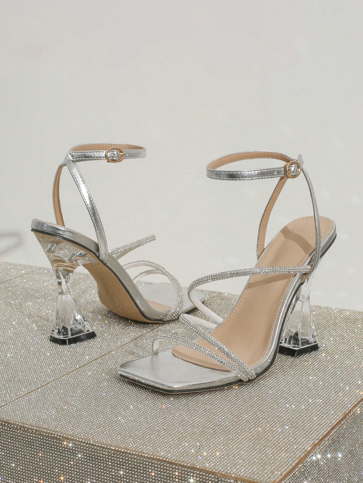 Spring/Summer Square Toe Crystal Heel, Stripe Ornament Sexy & Elegant Fashionable, Women's Open-Toe High Heel Sandals