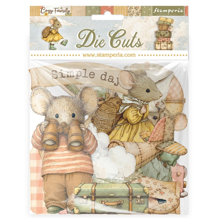 Stamperia Die cuts Cozy Family. FEATURE: Airplane, Vehicle, Kite, Suitcases,Clouds, Flowers. Available at Embellish Away located in Bowmanville Ontario Canada.
