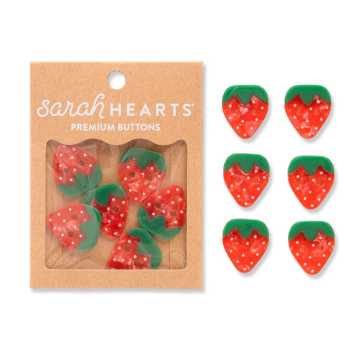 Large 1-inch strawberry-shaped buttons from Sarah Hearts, colorful accessories for crafting and clothing embellishments.