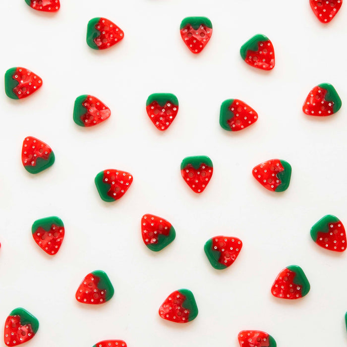 Sarah Hearts strawberry small 5/8-inch button accessory featuring a red strawberry design for craft and sewing projects.