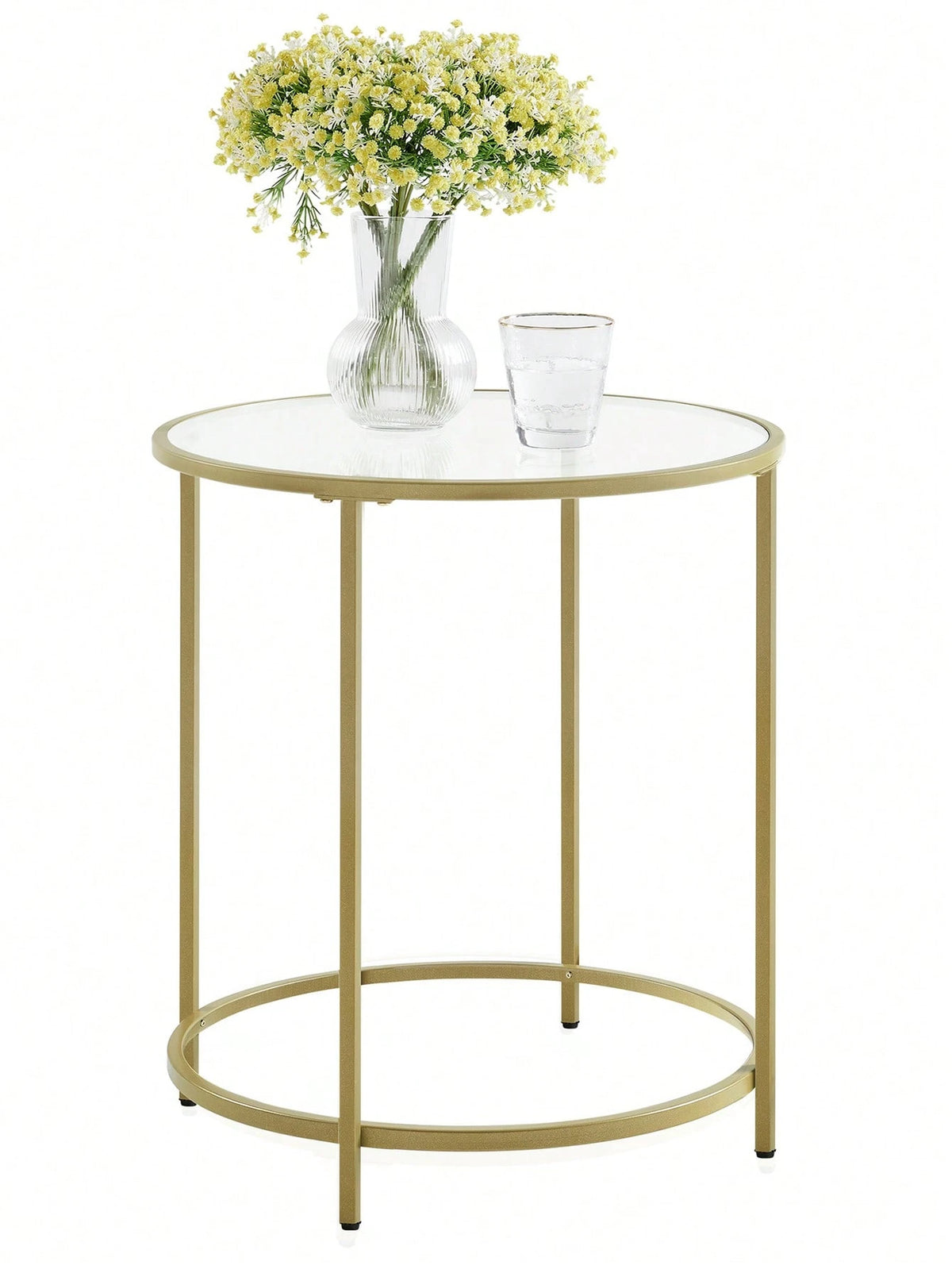 VASAGLE Round Side Table, Glass End Table With Metal Frame, Gold Coffee Table With Modern Style For Living Room, Balcony, Bedroom