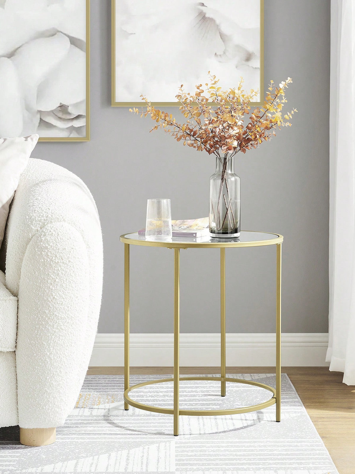 VASAGLE Round Side Table, Glass End Table With Metal Frame, Gold Coffee Table With Modern Style For Living Room, Balcony, Bedroom