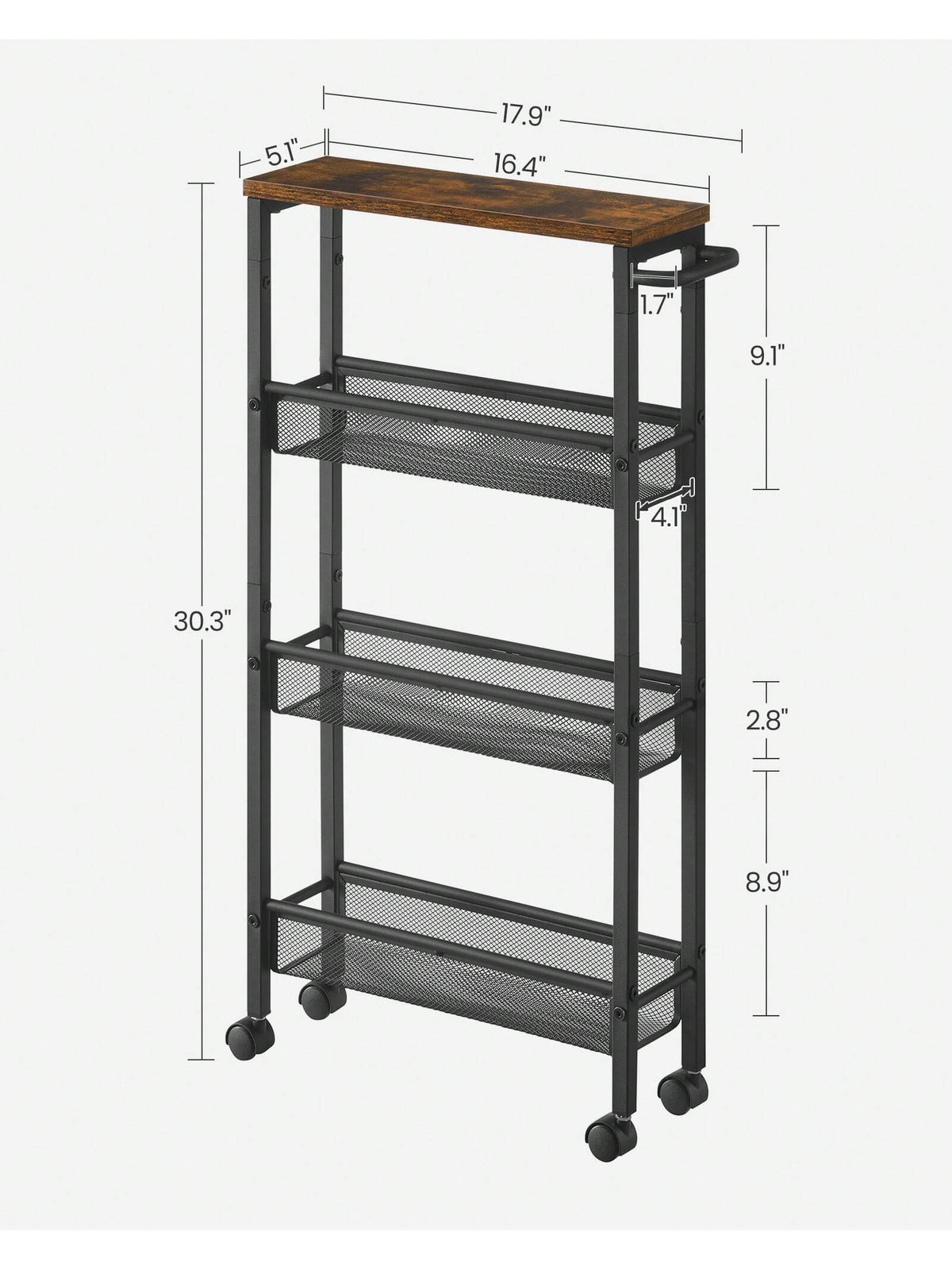 VASAGLE Slim Storage Cart, 4-Tier Rolling Cart Tower, Slide Out Cart With Handle Metal Mobile Shelving Unit For Kitchen Dining Living Room Office Narrow Places