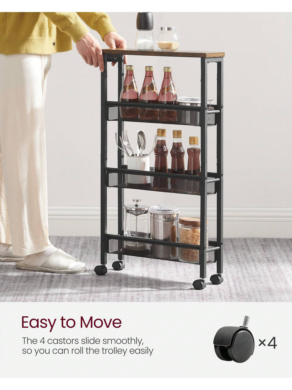 VASAGLE Slim Storage Cart, 4-Tier Rolling Cart Tower, Slide Out Cart With Handle Metal Mobile Shelving Unit For Kitchen Dining Living Room Office Narrow Places