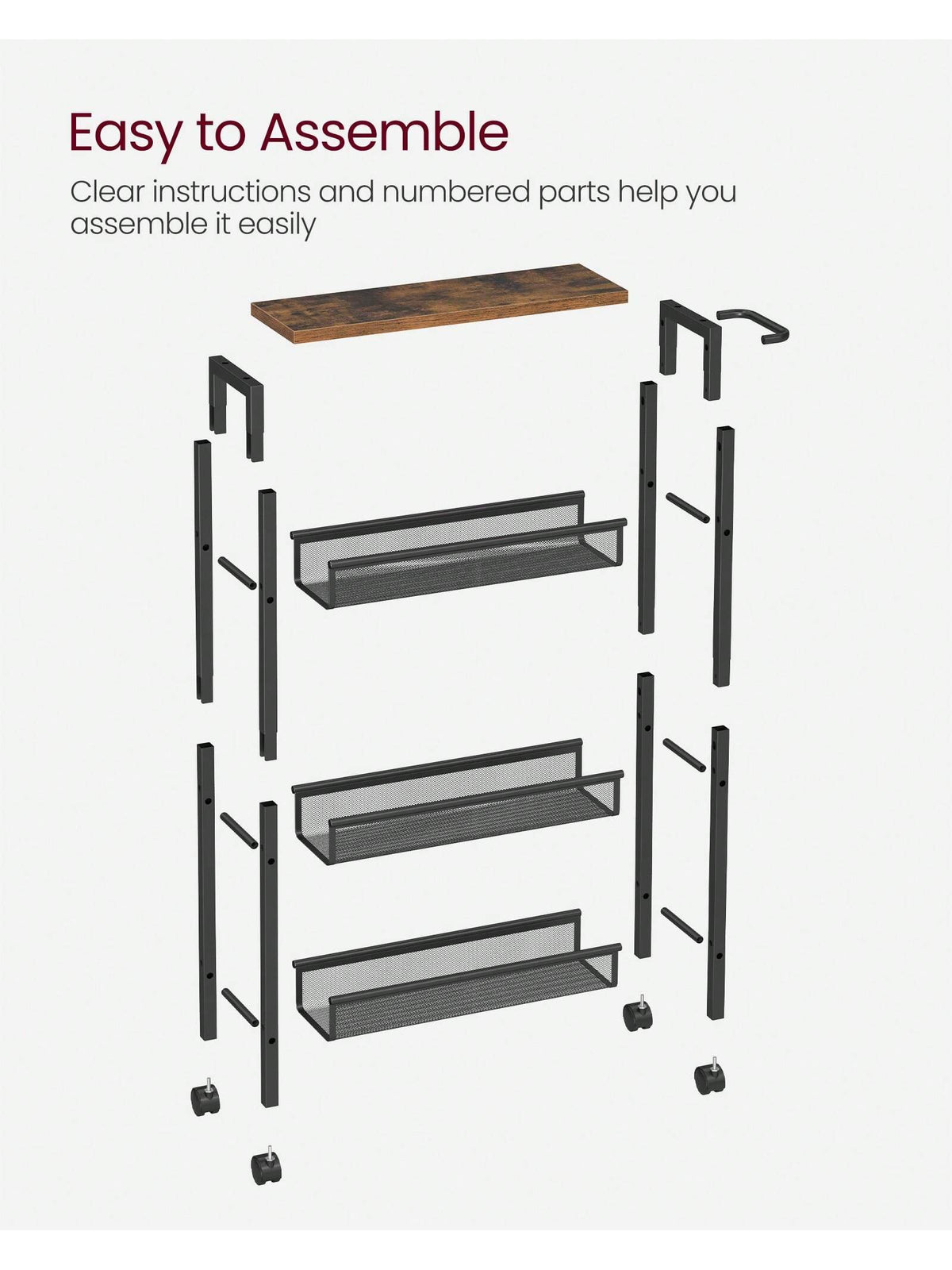VASAGLE Slim Storage Cart, 4-Tier Rolling Cart Tower, Slide Out Cart With Handle Metal Mobile Shelving Unit For Kitchen Dining Living Room Office Narrow Places