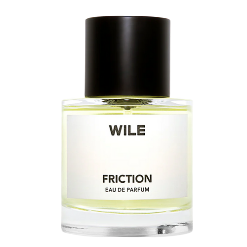 WILE Friction fragrance bottle, a bold underground club-inspired perfume with black leather and menthol notes.