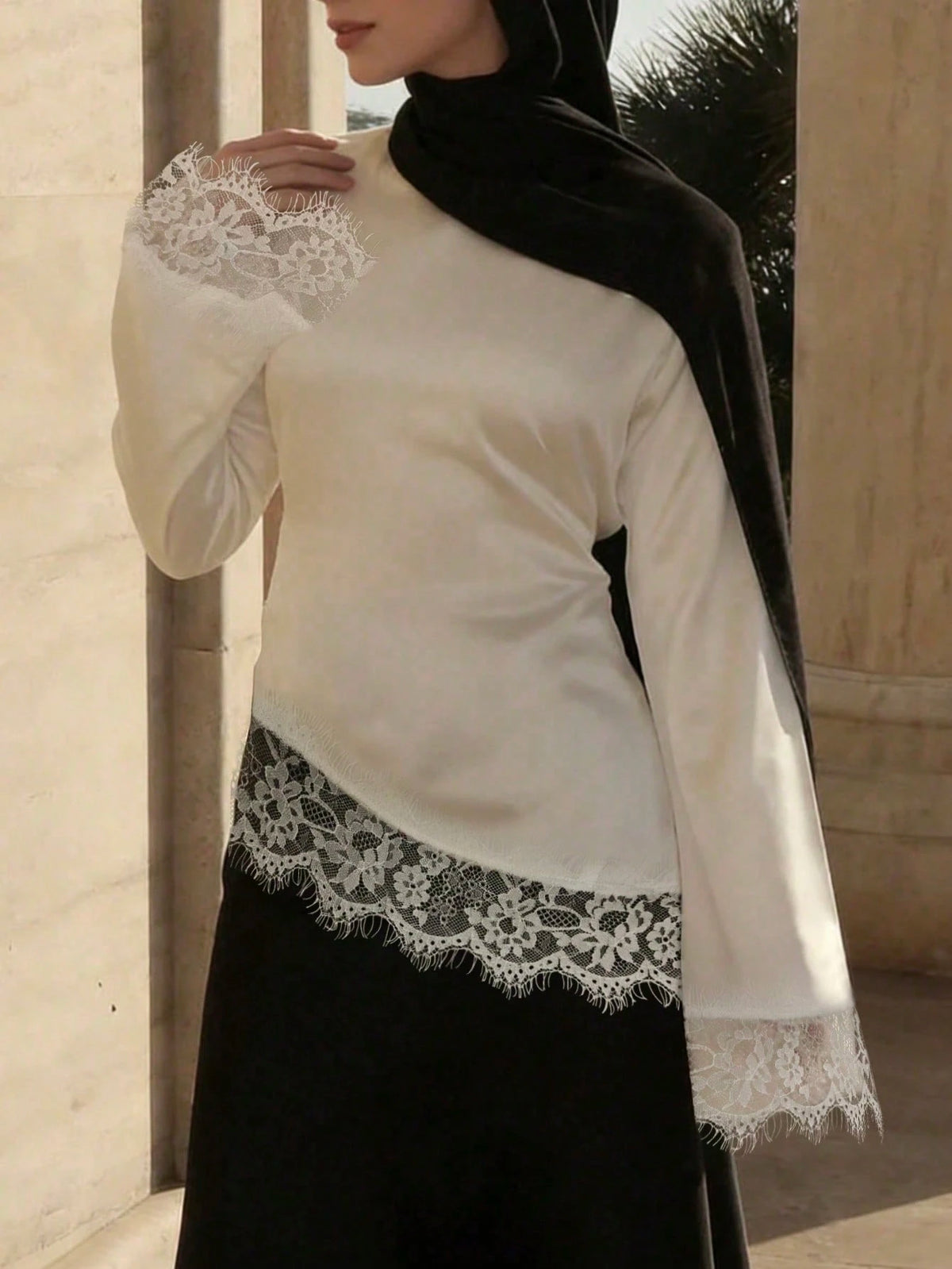 Women's Elegant Lace Patchwork Blouse Shirt, French‑Style Modest Long‑Sleeve Asymmetrical Hem Top, Ramadan Clothing, Suitable For Fall Outfits