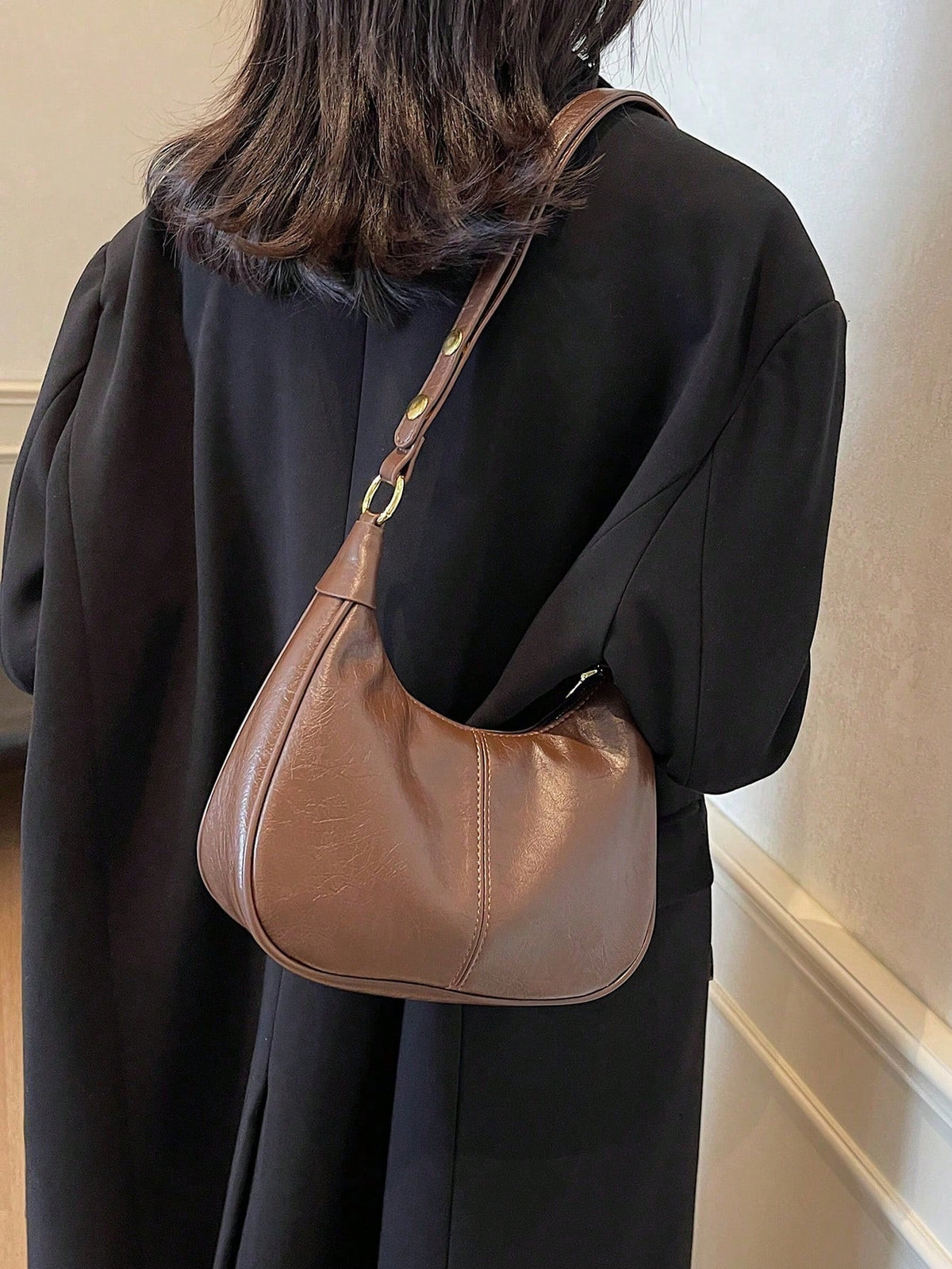 Women's Solid Color PU Shoulder Bag, Waterproof Fabric Underarm Crescent Shaped Bag, Quilted Design Minimalist Large Capacity Business Commuter Bag
