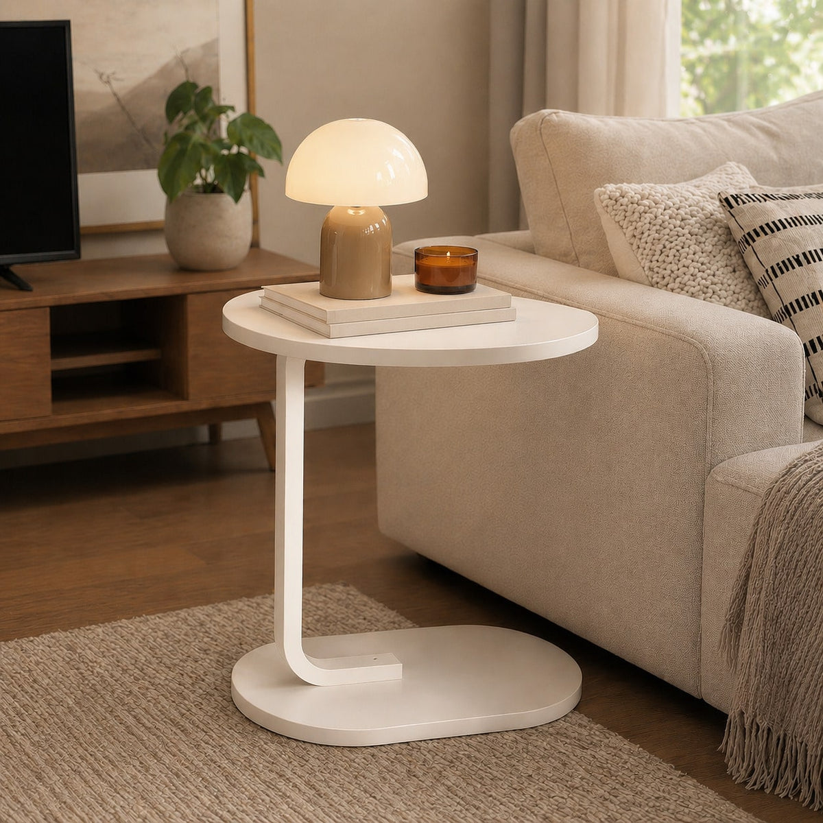 XWWUA C-Shaped Side Table, Compact Sofa Table With Oval Wood Top And Metal Frame; Space-Saving Snack Table For Living Room, Bedroom, And Small Spaces; Perfect For Holding Coffee, Drinks, And Books; Ea