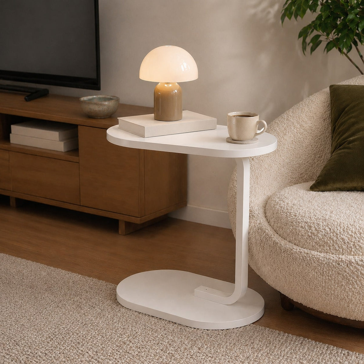 XWWUA C-Shaped Side Table, Compact Sofa Table With Oval Wood Top And Metal Frame; Space-Saving Snack Table For Living Room, Bedroom, And Small Spaces; Perfect For Holding Coffee, Drinks, And Books; Ea
