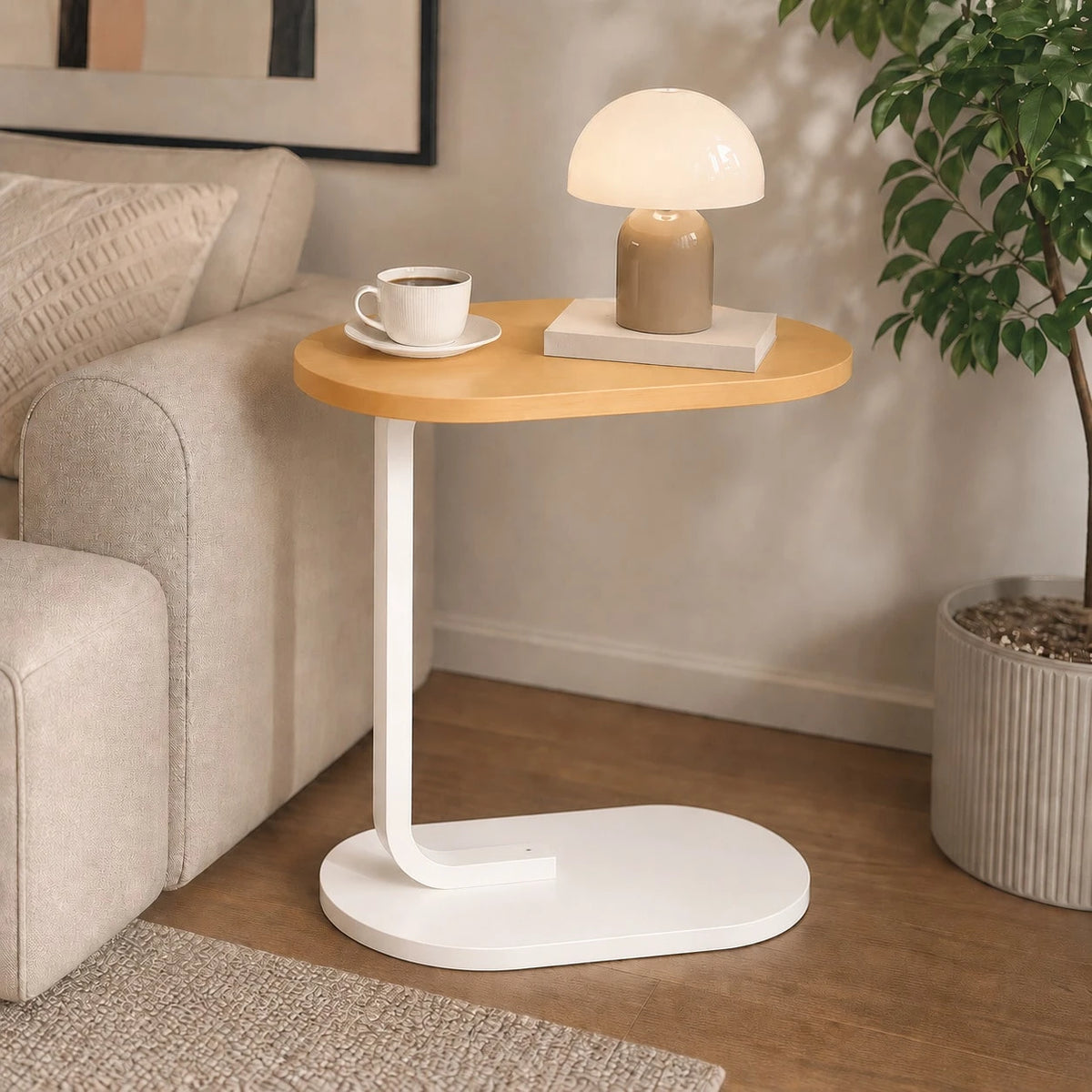 XWWUA C-Shaped Side Table, Compact Sofa Table With Oval Wood Top And Metal Frame; Space-Saving Snack Table For Living Room, Bedroom, And Small Spaces; Perfect For Holding Coffee, Drinks, And Books; Ea