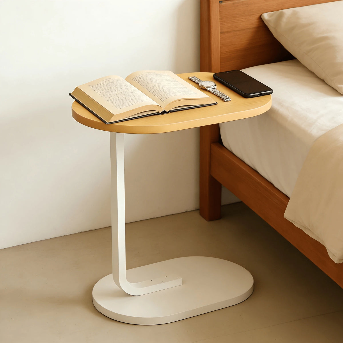 XWWUA C-Shaped Side Table, Compact Sofa Table With Oval Wood Top And Metal Frame; Space-Saving Snack Table For Living Room, Bedroom, And Small Spaces; Perfect For Holding Coffee, Drinks, And Books; Ea