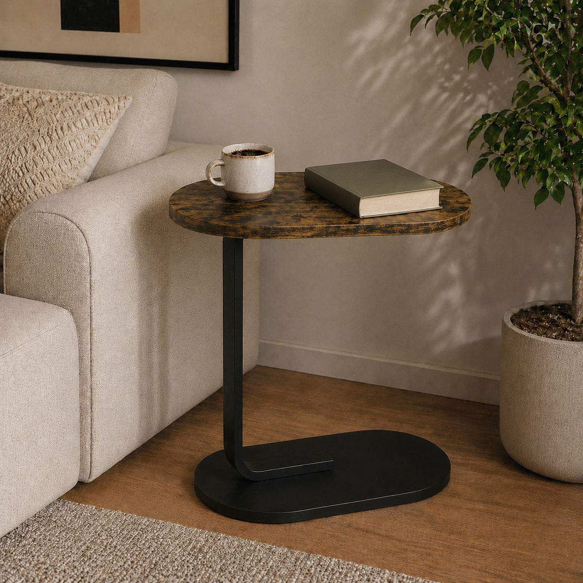XWWUA C-Shaped Side Table, Compact Sofa Table With Oval Wood Top And Metal Frame; Space-Saving Snack Table For Living Room, Bedroom, And Small Spaces; Perfect For Holding Coffee, Drinks, And Books; Ea